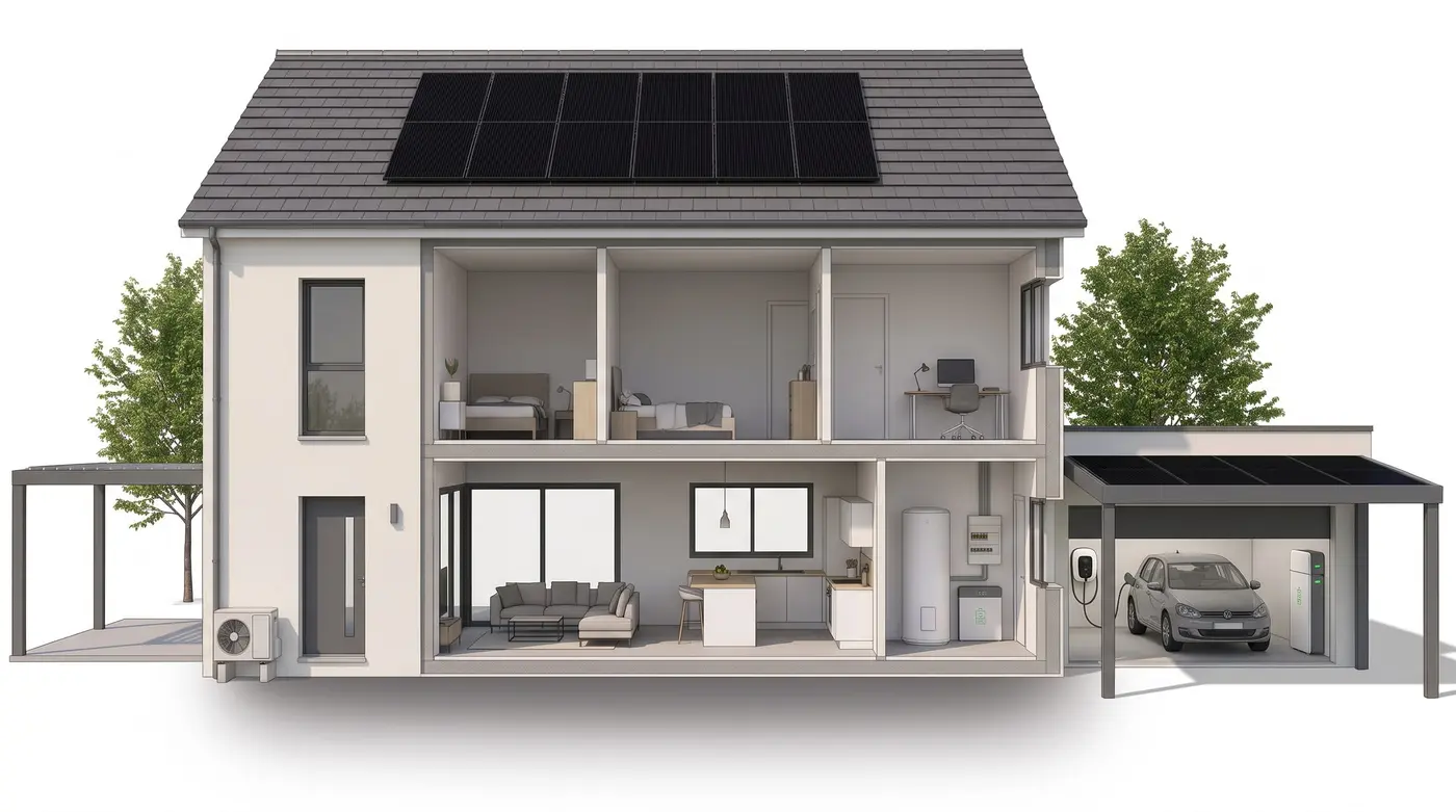 Une maison contemporaine à toit de tuiles grises vue en coupe : panneaux photovoltaïques sur le toit, pompe à chaleur au pied du mur, chauffe-eau thermodynamique, tableau électrique et batterie dans le cellier, voiture branchée à sa borne sous un carport solaire, pergola sur la terrasse. Illustration.